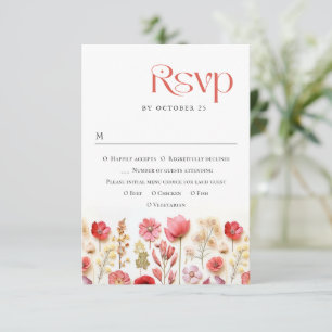 Retro Pastel Pink Boho Wild Flowers Wedding RSVP Card