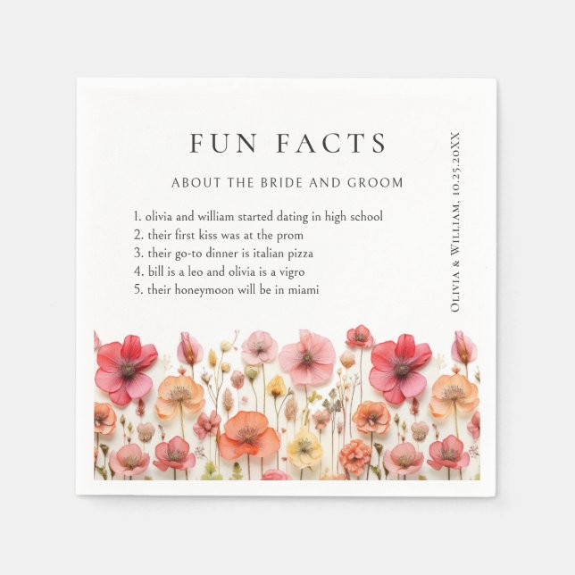 Retro Pastel Pink Boho Wildflower Fun Fact Wedding Napkin (Front)