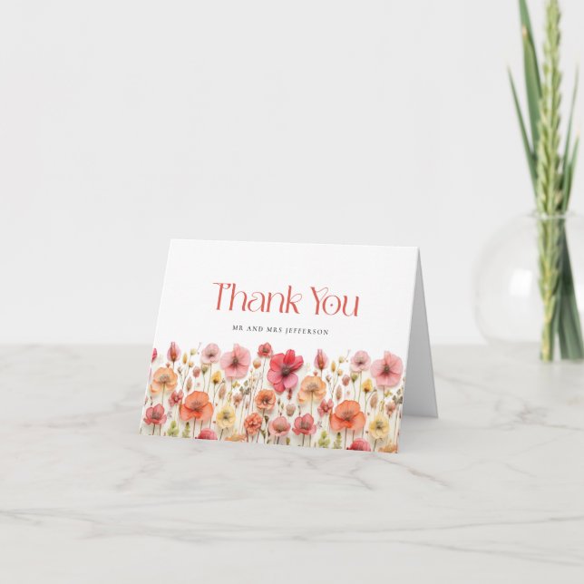 Retro Pastel Pink Boho Wildflower Thank You Card (Front)