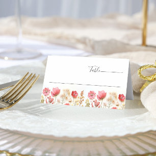 Retro Pastel Pink Boho Wildflower Wedding Place Card