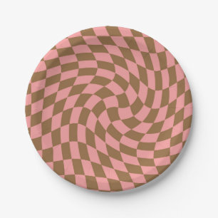 Retro Pastel Pink Brown Checks Warped Checkerboard Paper Plate