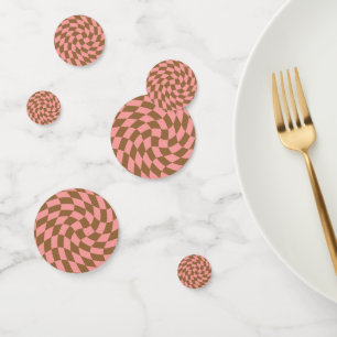 Retro Pastel Pink Brown Checks Warped Chequerboard Confetti