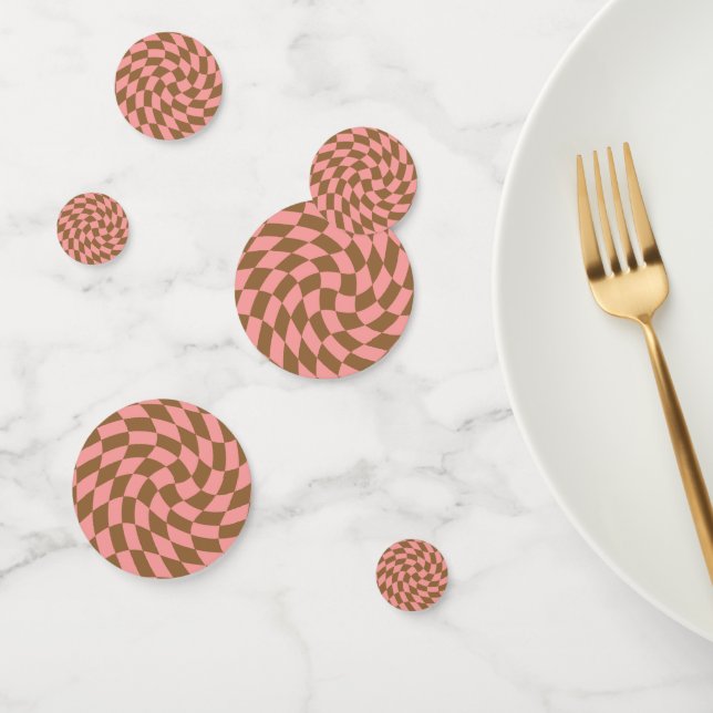 Retro Pastel Pink Brown Checks Warped Chequerboard Confetti (Group)