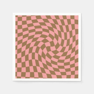 Retro Pastel Pink Brown Checks Warped Chequerboard Napkin