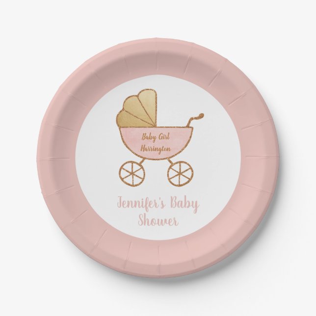 Retro Pastel Pink Carriage Baby Girl Shower Paper Plate (Front)