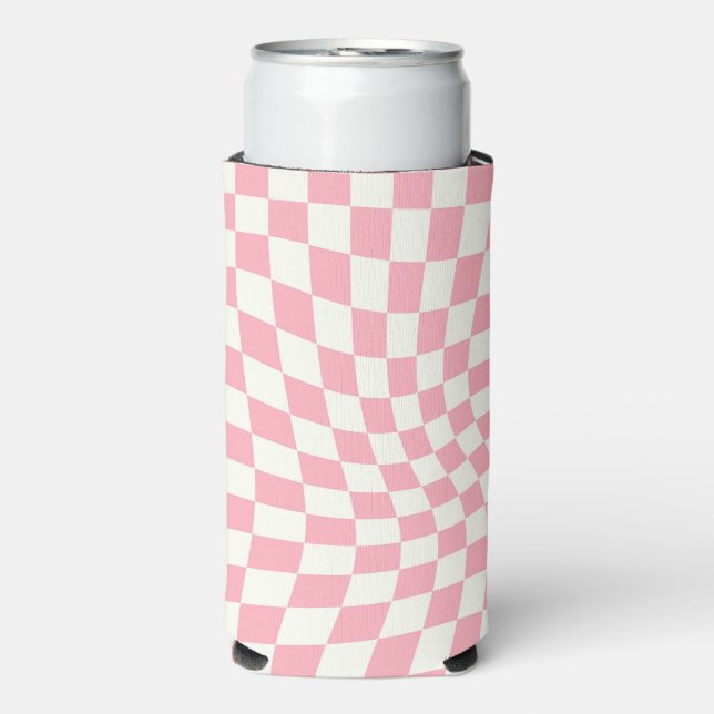 Retro Pastel Pink Checked Warped Chequered  Seltzer Can Cooler (Seltzer Front)