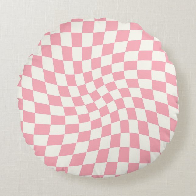 Retro Pastel Pink Checks Warped Chequered Dorm  Round Pillow (Front)