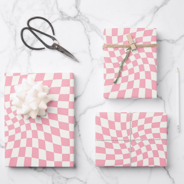 Retro Pastel Pink Checks Warped Chequered Dorm  Wrapping Paper Sheet (Front)