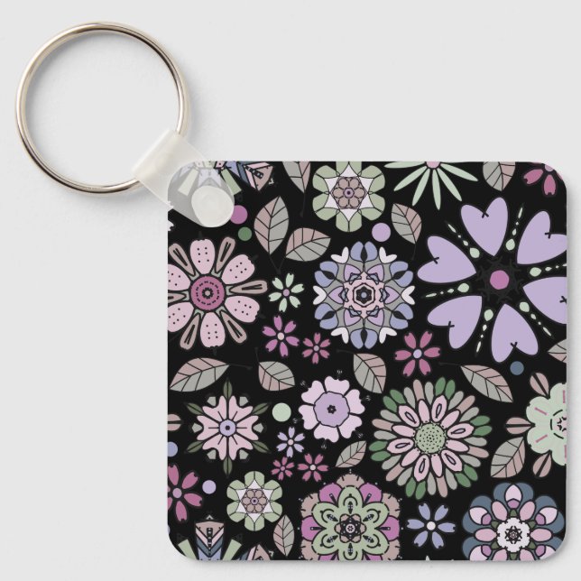 Retro Pastel Pink Purple Floral Seamless Pattern Keychain (Front)