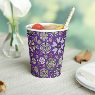 Retro Pastel Pink Purple Floral Seamless Pattern Paper Cups