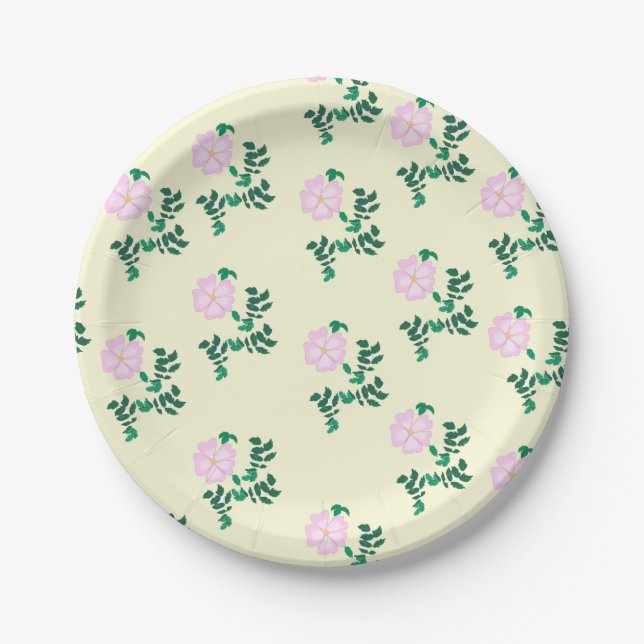 Retro Pastel Pink Wild Rose Flower Pattern   Paper Plate (Front)