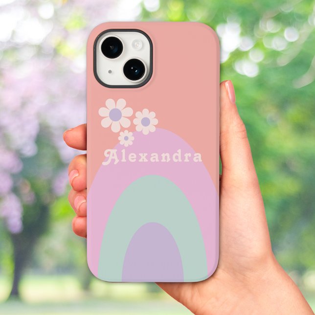 Retro Pastel Rainbow Stripes Floral Name Case-Mate iPhone Case (Retro 70s vintage pastel arch and daisy custom iPhone case with groovy typography pink peach purple)