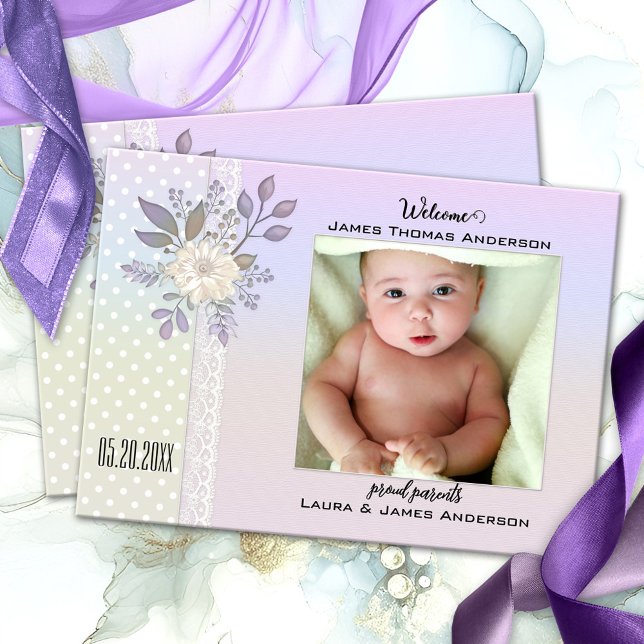 Retro Pastel Script Faire-part de naissance photo  (Elegant floral baby photo birth announcement card in a retro style with polka dots and lace )