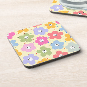 Retro Pastel Smiley Flower Pattern Drink Coaster