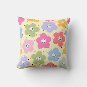 Retro Pastel Smiley Flower Pattern Throw Pillow