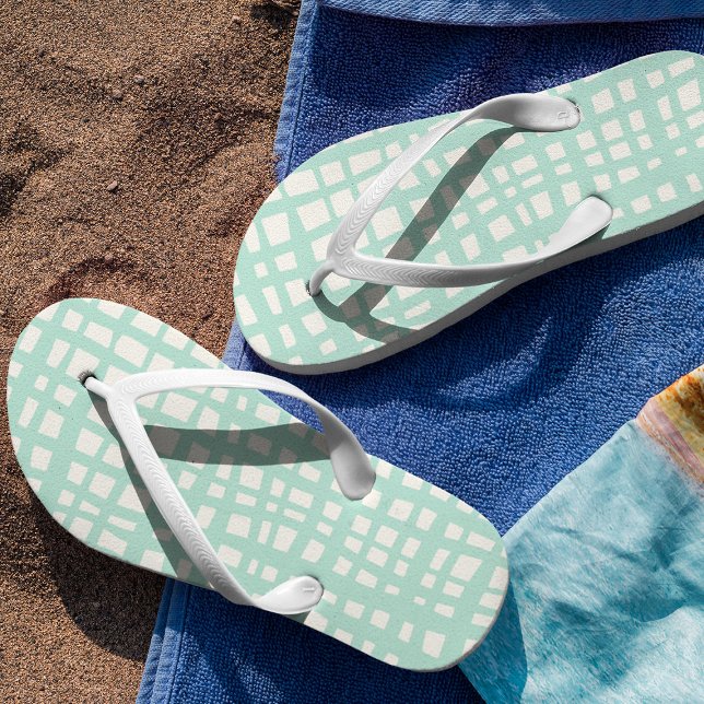 Retro pastel turquoise grid pattern flip flops (Creator Uploaded)