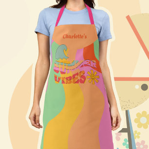 Retro Pastel Waves Summer Vibes with Name Apron