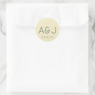 Retro Pastel Yellow and Green Monogram Wedding Classic Round Sticker