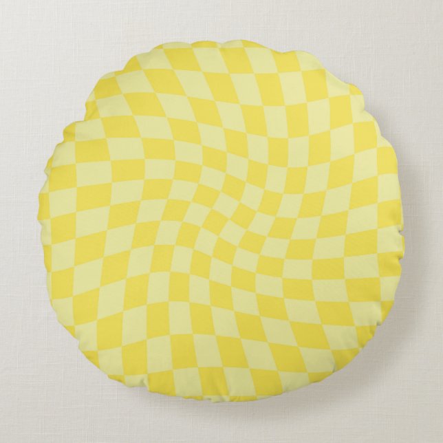 Retro Pastel Yellow Checks Warped Chequered Dorm  Round Pillow (Front)