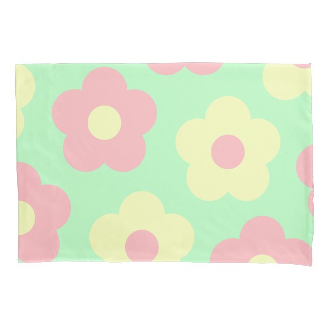 Retro Pastel Yellow Pink Cute Flowers Pillowcase (Front-Left)