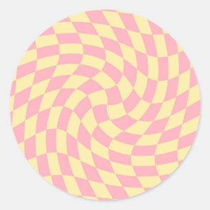Retro Pastel Yellow Pink Warped Check Chequered Classic Round Sticker