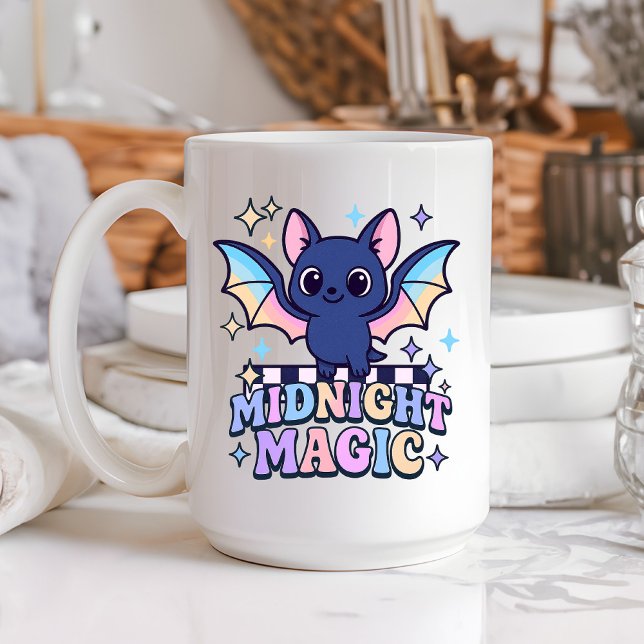 Retro Pastelcore Cute Halloween Bat & Chequerboard Coffee Mug (The midnight magic kawaii bat design shines with retro pastel charm.)