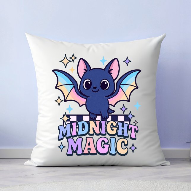 Retro Pastelcore Cute Halloween Bat & Chequerboard Throw Pillow (The midnight magic kawaii bat design shines with retro pastel charm.)