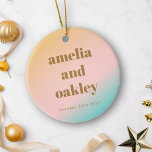 Retro Pastels Gradient Unique Wedding Photo Ceramic Ornament<br><div class="desc">Commemorate your special day with this Retro Summer Beach Vibes Wedding Ornament, featuring a soft pastel gradient that captures the essence of a serene beach sunset. Personalize it with your names, wedding date, and a cherished photo to create a unique keepsake that celebrates your love. The retro-inspired typography and gentle...</div>