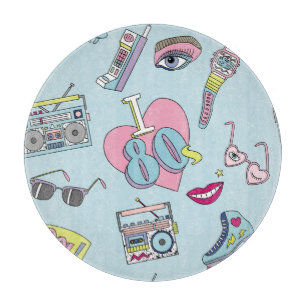 Retro patch badges, 80s-90s style pattern. cutting board