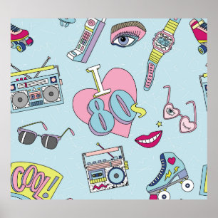 Retro patch badges, 80s-90s style pattern. poster