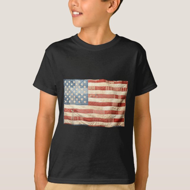 Retro Patchwork Aamerican Flag Patriotic Graphic T-Shirt (Front)