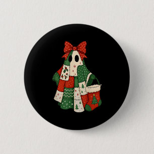 Retro Patchwork Christmas Ghost Coquette Bow X-mas 2 Inch Round Button