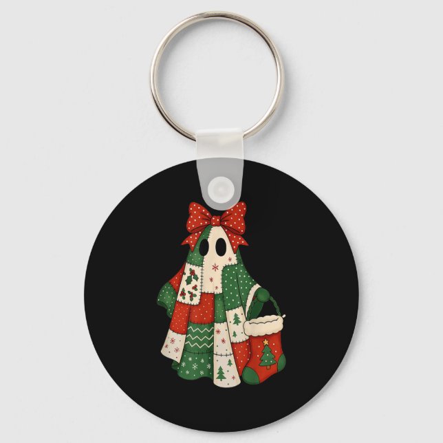 Retro Patchwork Christmas Ghost Coquette Bow X-mas Keychain (Front)