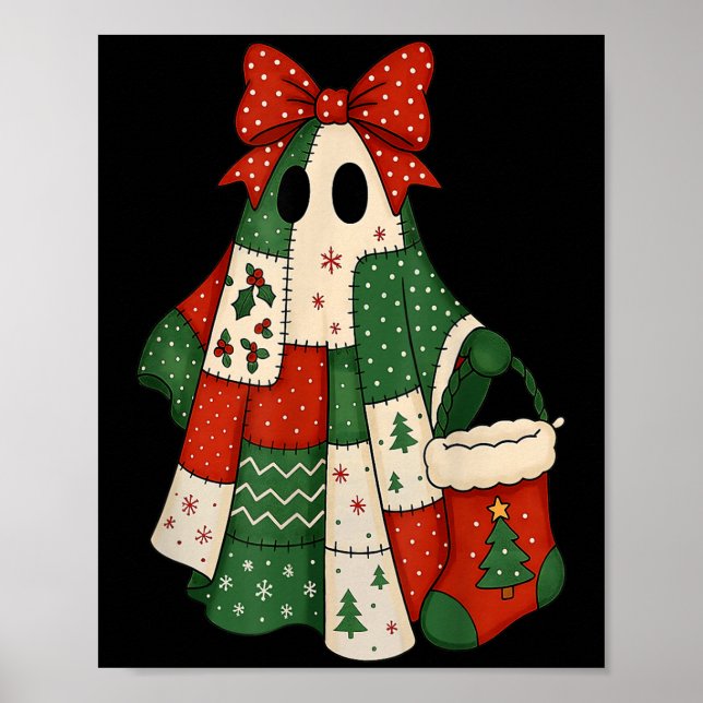 Retro Patchwork Christmas Ghost Coquette Bow X-mas Poster (Front)