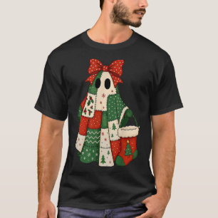 Retro Patchwork Christmas Ghost Coquette Bow X-mas T-Shirt