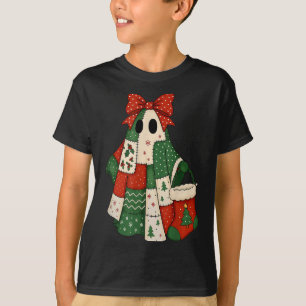 Retro Patchwork Christmas Ghost Coquette Bow X-mas T-Shirt