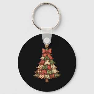Retro Patchwork Christmas Tree Vintage Merry Xmas Keychain