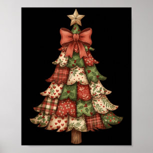 Retro Patchwork Christmas Tree Vintage Merry Xmas  Poster