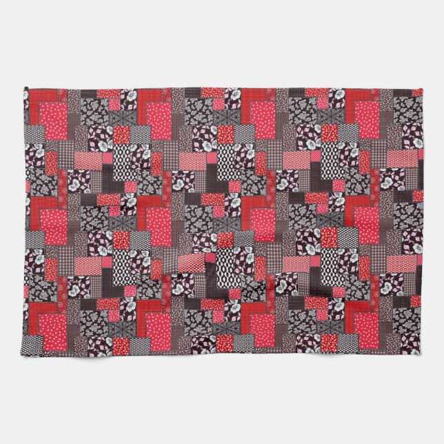 Retro Patchwork Floral Quilt Pattern Kitchen Towel (Horizontal)