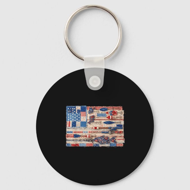 Retro patchwork patriotic fishing american flag keychain (Front)