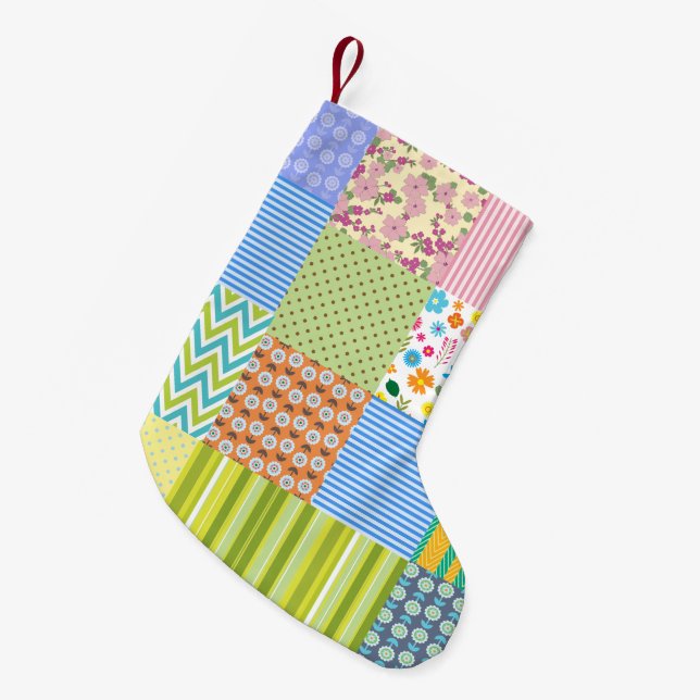 Retro Patchwork Quilt Pattern Christmas Holiday Small Christmas Stocking (Front (Hanging))