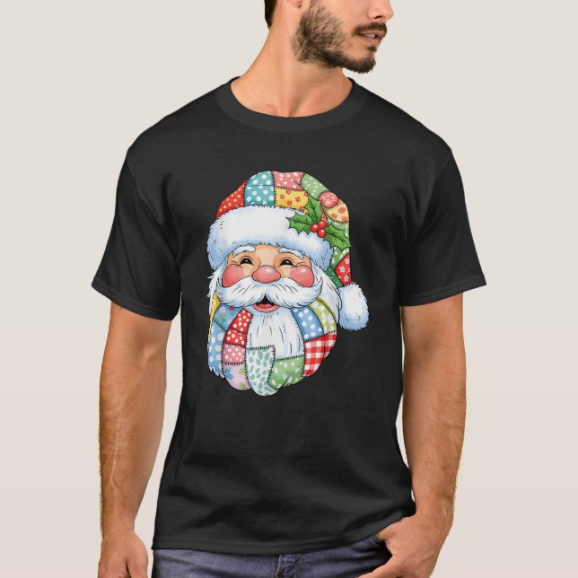 Retro Patchwork Santa Claus Christmas Preppy Merry T-Shirt (Front)