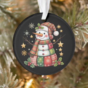 Retro Patchwork Snowman Merry Christmas Coquette Ornament