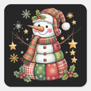 Retro Patchwork Snowman Merry Christmas Coquette  Square Sticker