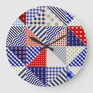 Retro Patchwork Triangles Nautical Style Large Clock