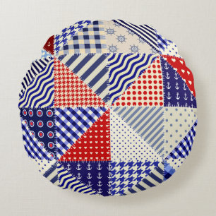 Retro Patchwork Triangles Nautical Style Round Pillow