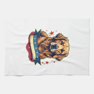 Retro Patriotic Golden Retriever Engraving Tee 4 Kitchen Towel