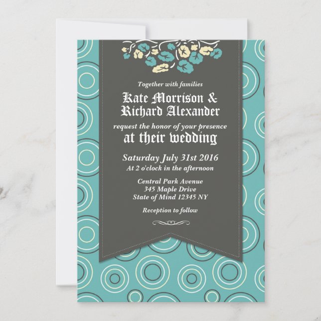 Retro Pattern and Floral Turquoise Wedding Invites (Front)