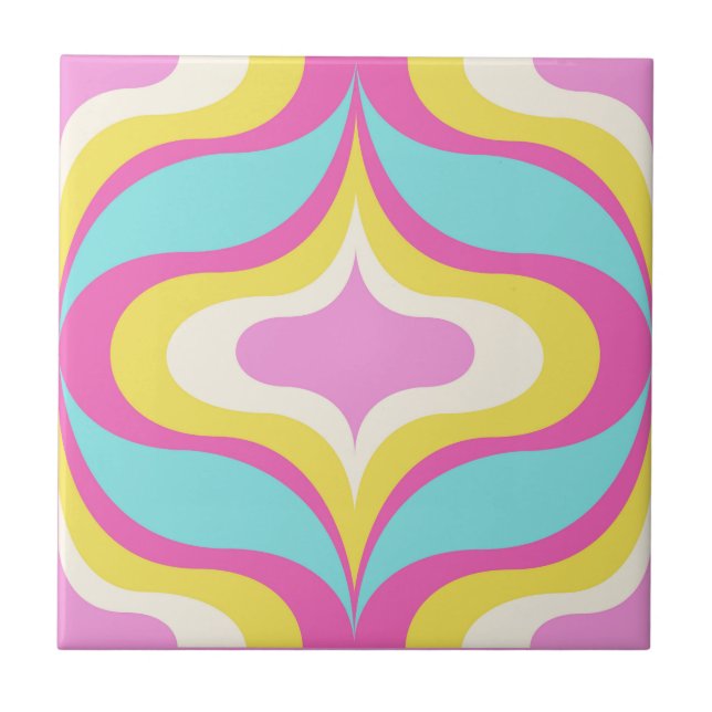 Retro Pattern Blue Pink Green White Ceramic Tile (Front)
