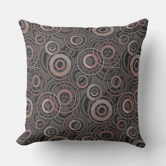 Retro pattern circles rings dark grey brown outdoor pillow (Front)